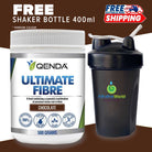 QENDA Ultimate Fibre chocolate flavor supplement powder in a 500g package with a free shaker, shown in the image.