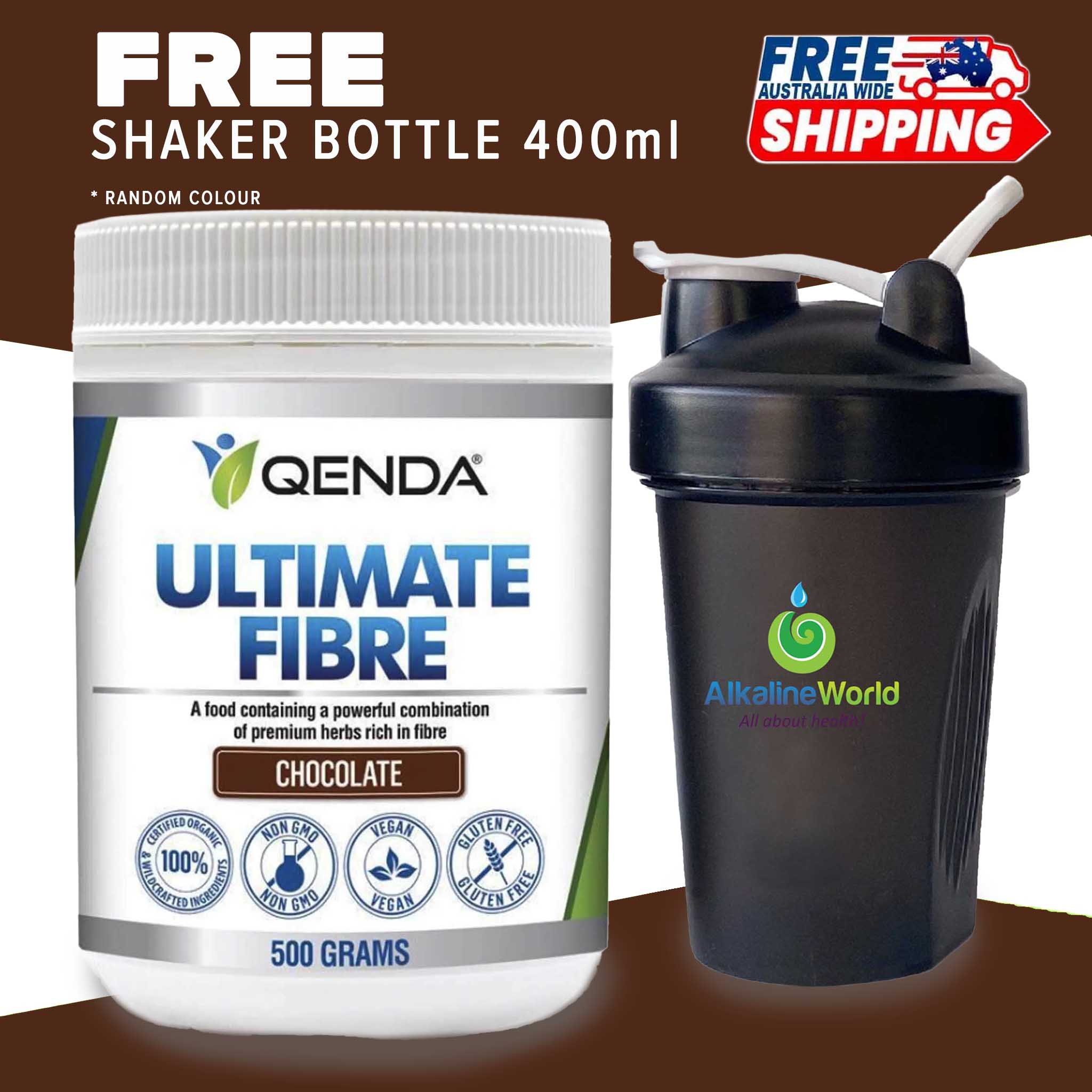 QENDA Ultimate Fibre in chocolate flavor with 500g package and free shaker, showing the product container and chocolate-flavored powder.