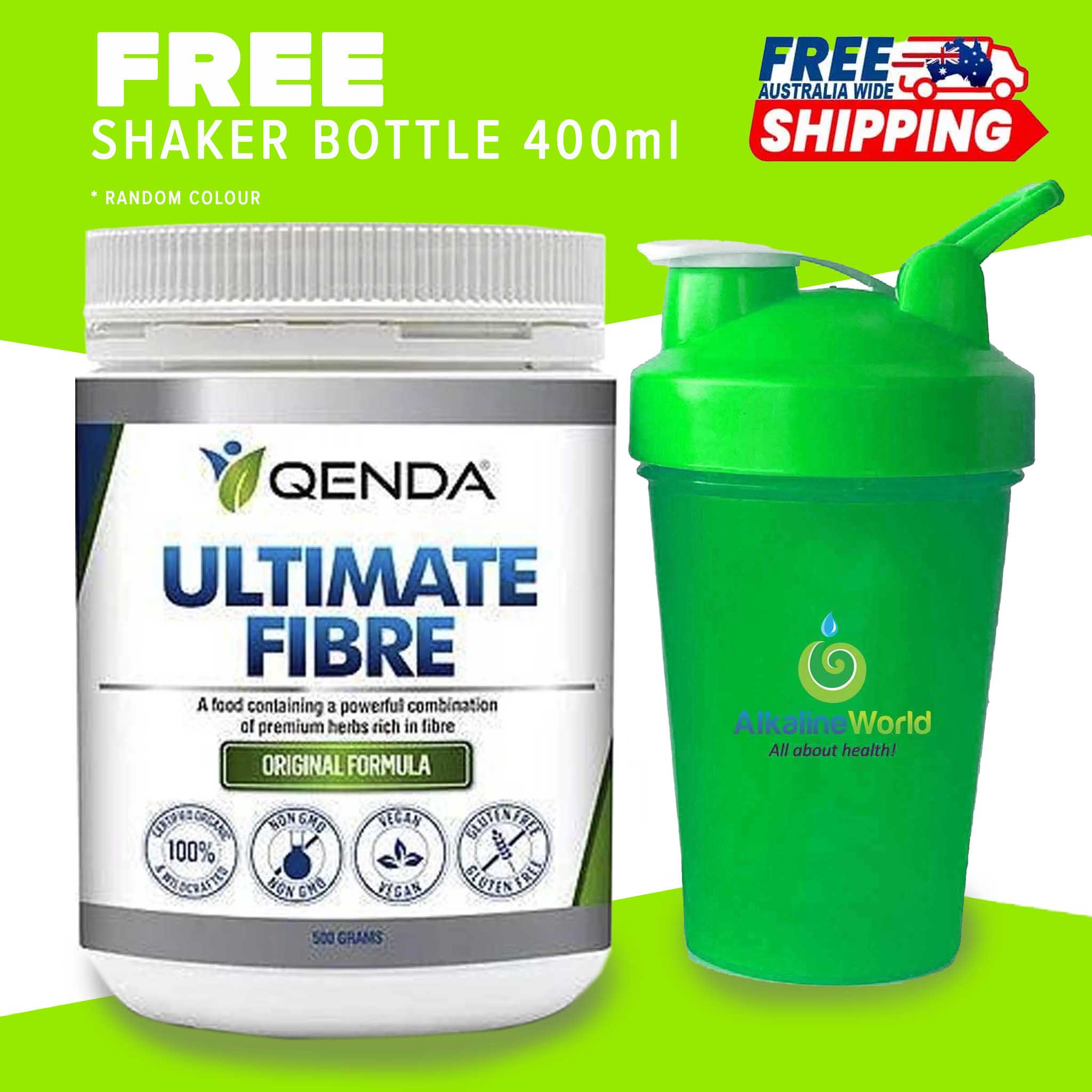 QENDA Ultimate Fibre Original Formula 500g container with free shaker, promoting gut health with natural fiber supplement.