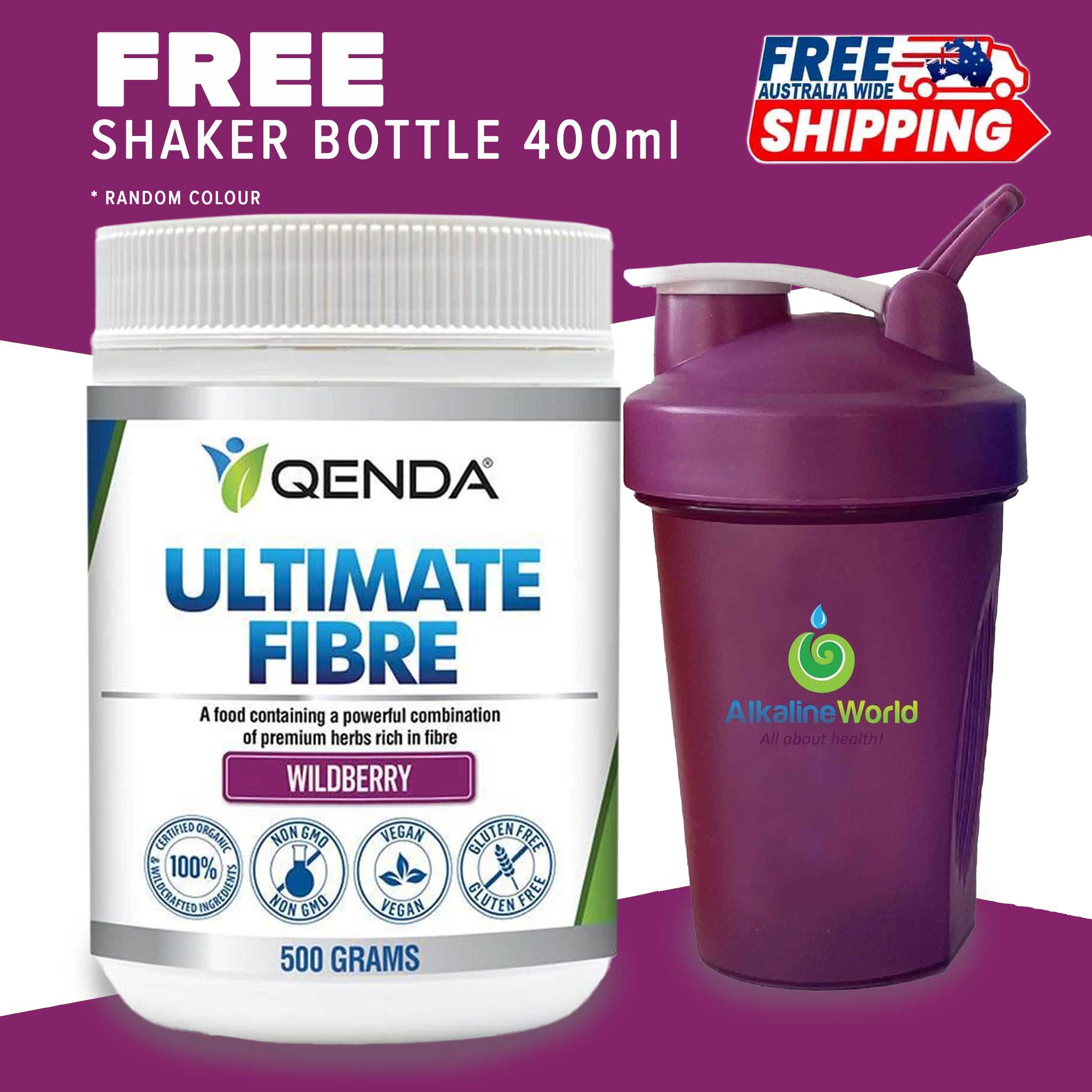 QENDA Ultimate Fibre Organic Wildberry flavor in 500g with free shaker, showing the colorful wildberry flavored dietary fiber supplement container.
