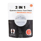 Vesuvio Guarana Detox Foot Patch and metabolism boost patches applied to feet, showing natural foot skin and product packaging.