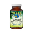 Whole Earth & Sea 7 Mushrooms Super Blend supplement in a bottle, featuring a natural mushroom blend for immune support.