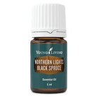 Young Living Northern Lights Black Spruce Essential Oil 5ml bottle with a dark green label and silver cap, displayed on a white background.