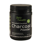 Zeb Health Activated Coconut Charcoal Powder in 300g jar, showing the black powder texture in a clear container.