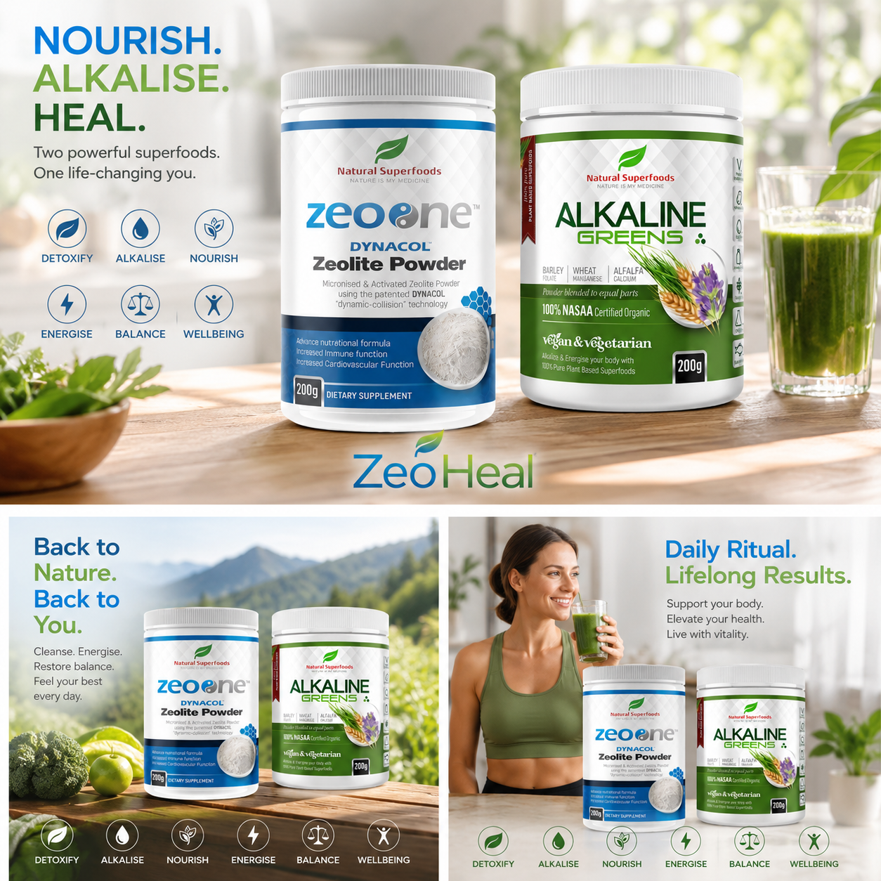 Natural Superfoods ZeoHeal Pack Featuring Zeolite and Greens for detox and health support.