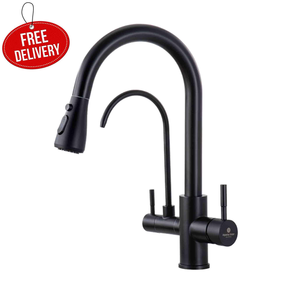 3 Way Mixer Tap with Dual Spout & Pull Out Spray Black - Alkaline World