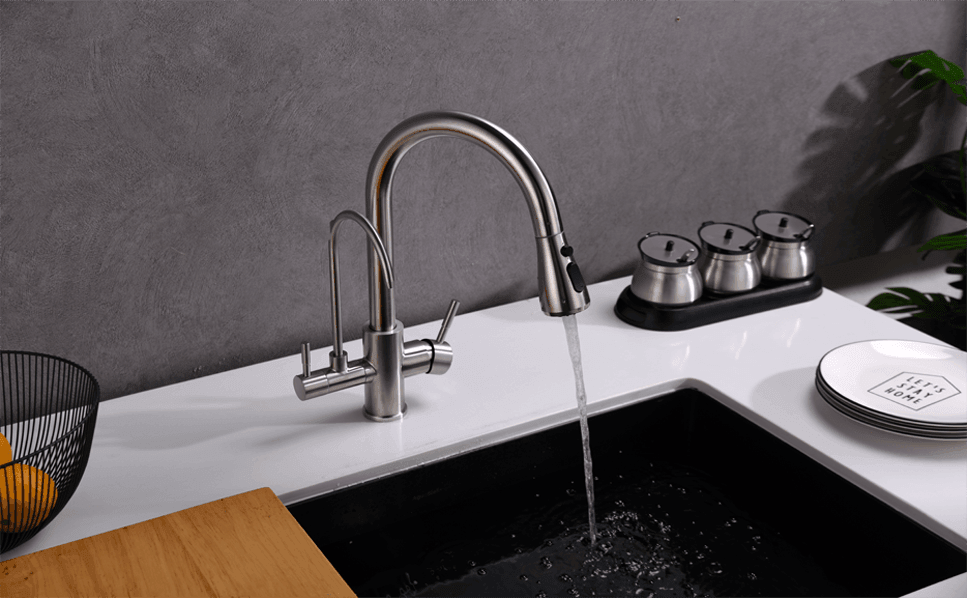 3 Way Mixer Tap with Dual Spout & Pull Out Spray Nickel - Alkaline World